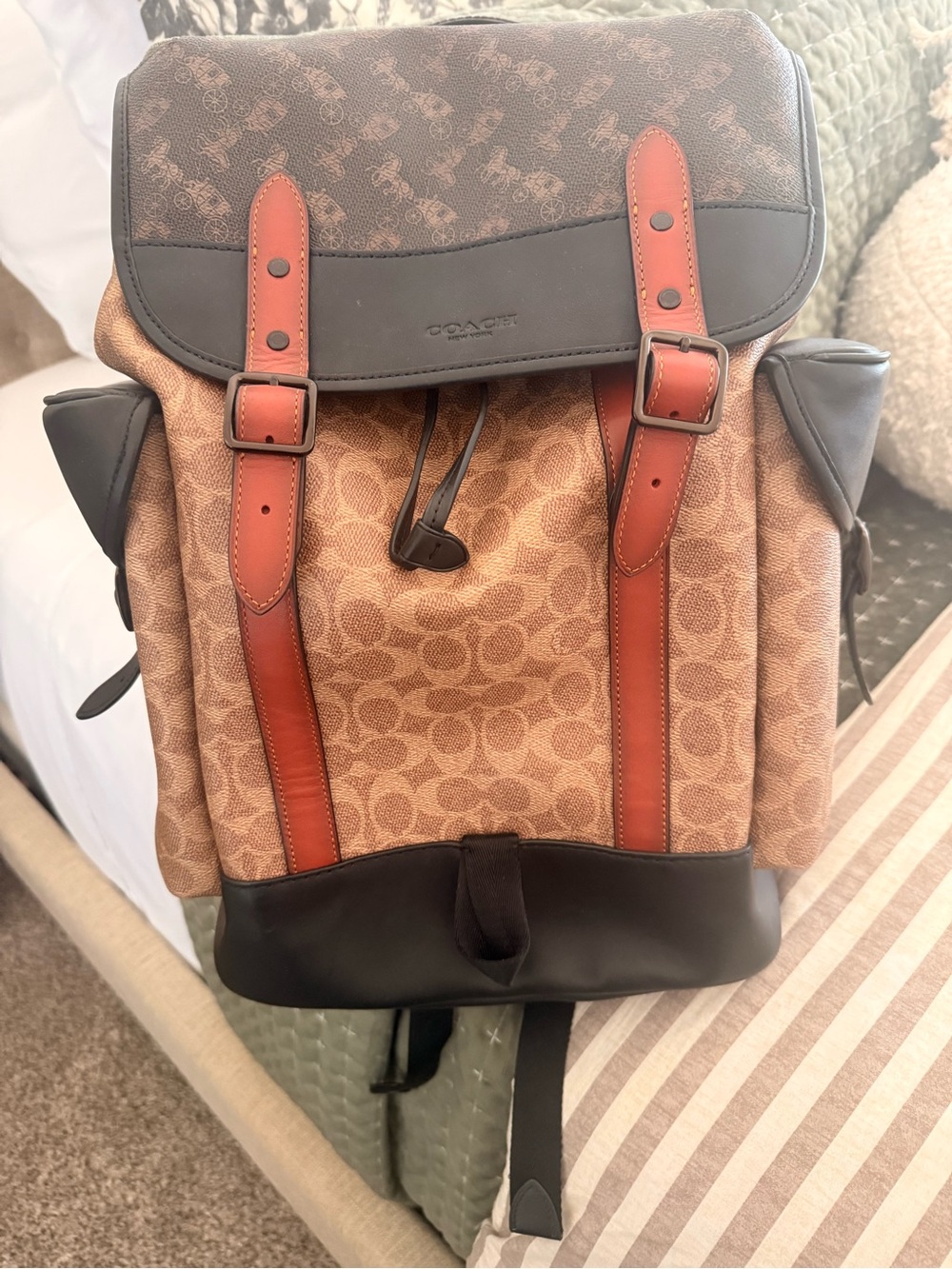 Coach Men’s Brown and Tan Signature Canvas Backpack with Leather Trim